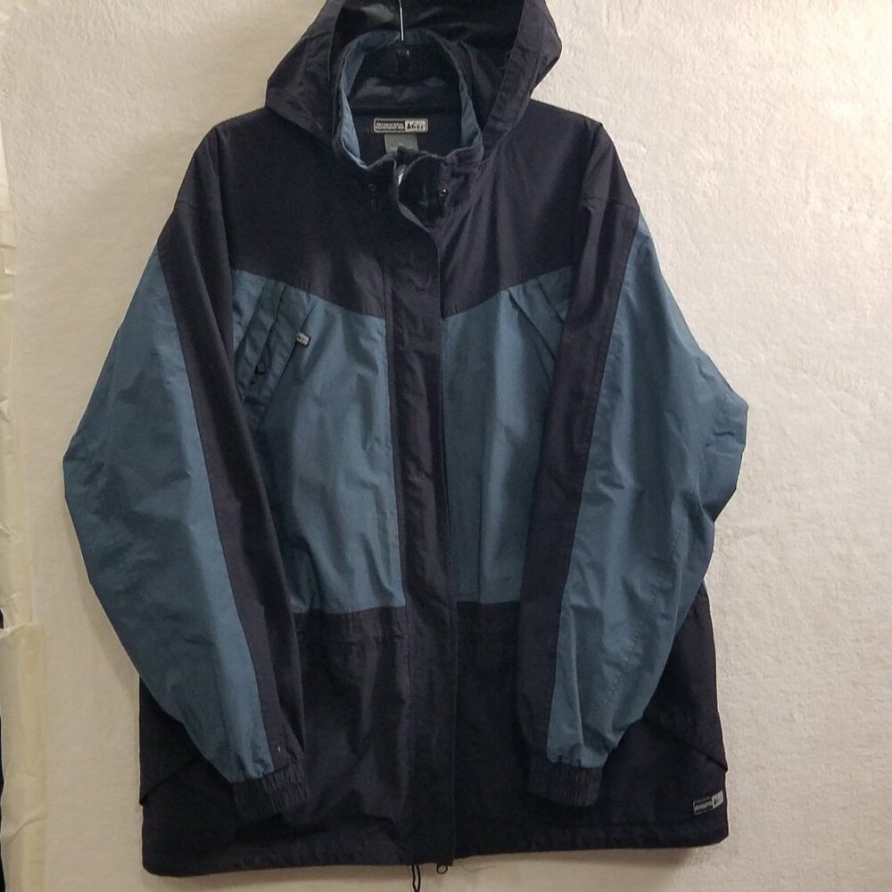 REI Co-op Rain‎ Jacket Mens XL Blue/black REI Elements Hooded Multi pocket